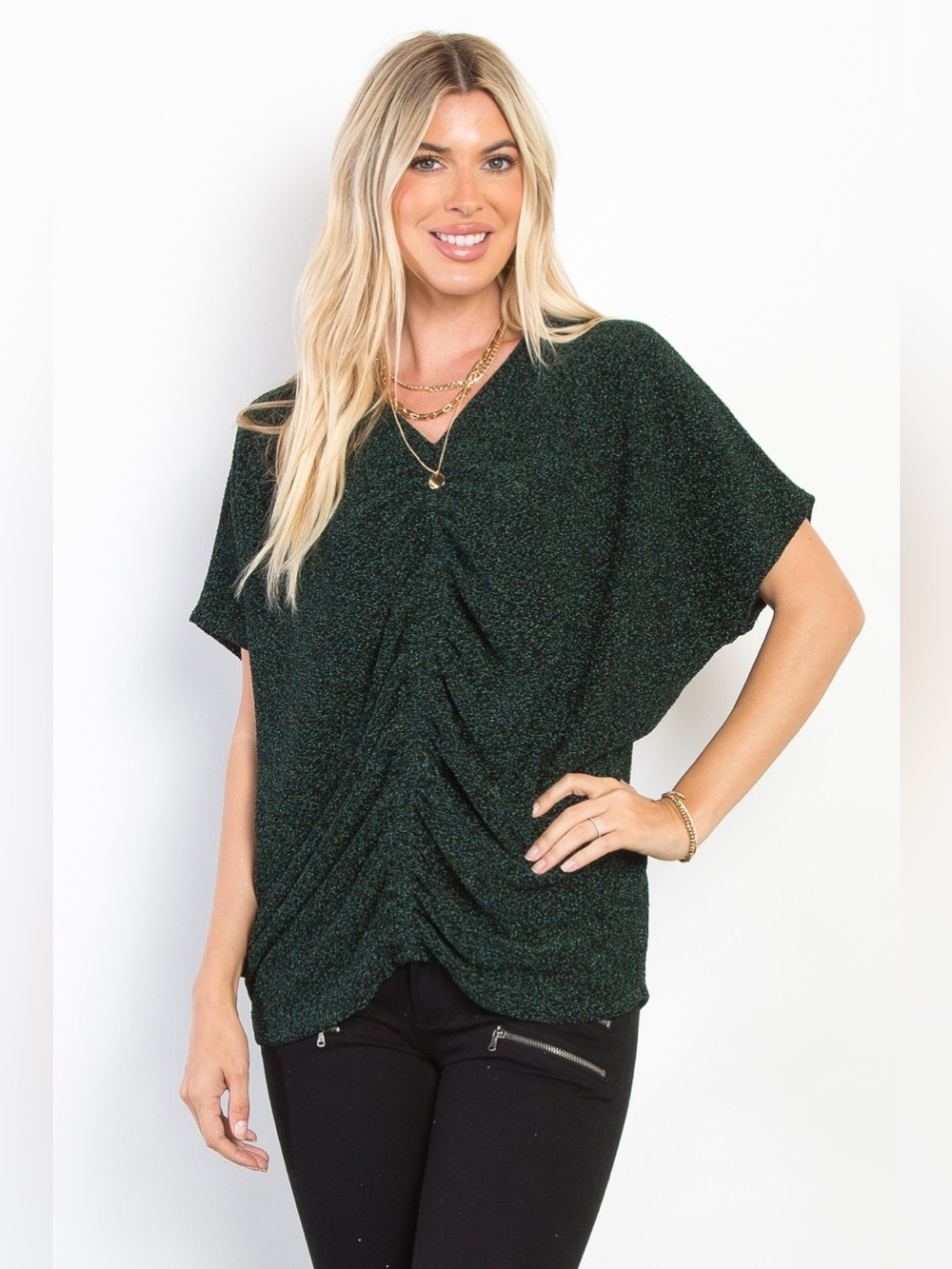 Be Stage Full Size Lurex Center Elastic Cinched Knit Top